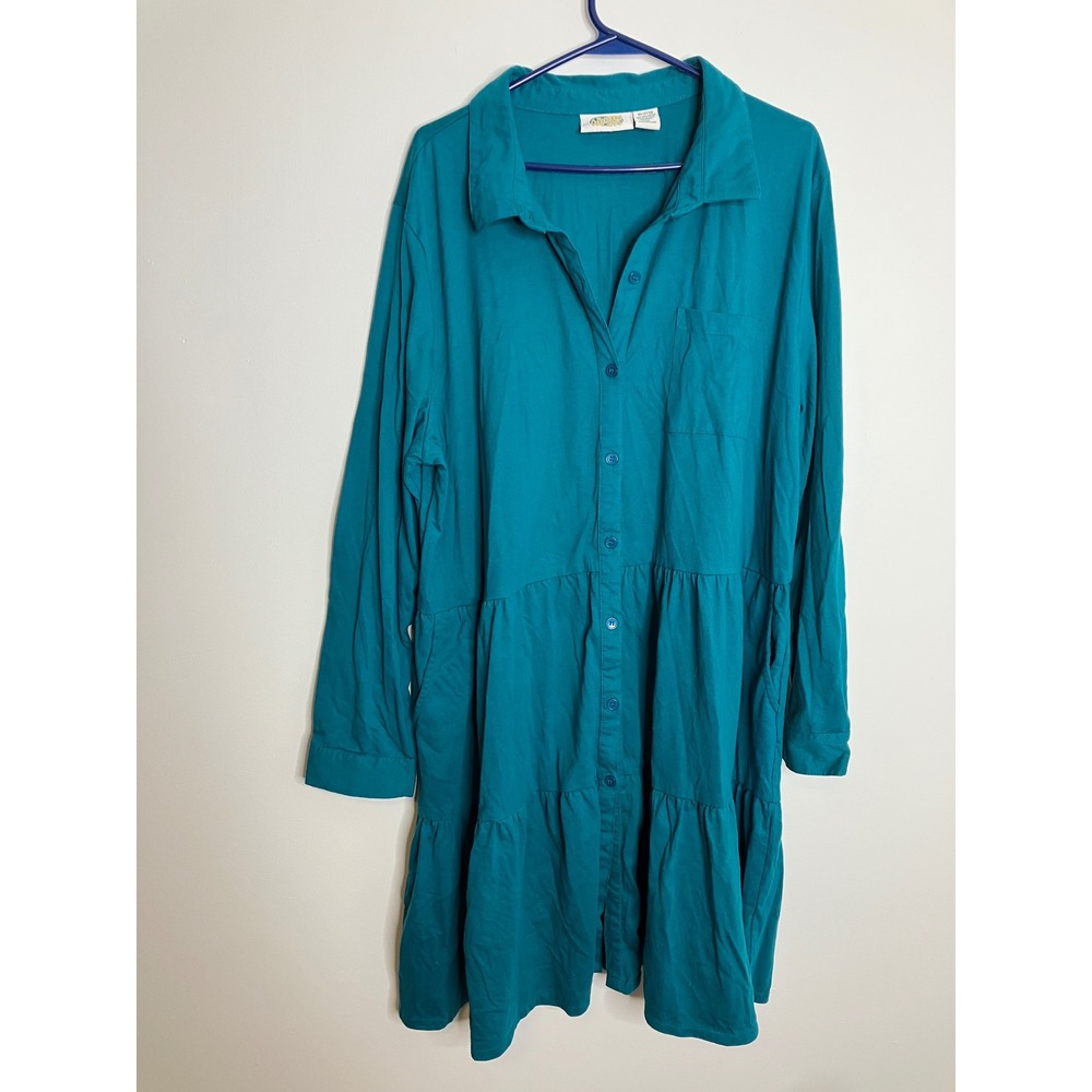 Collections Etc Shirt Dress Womens XXL Teal Excellent Tiered Long Sleeve Pockets